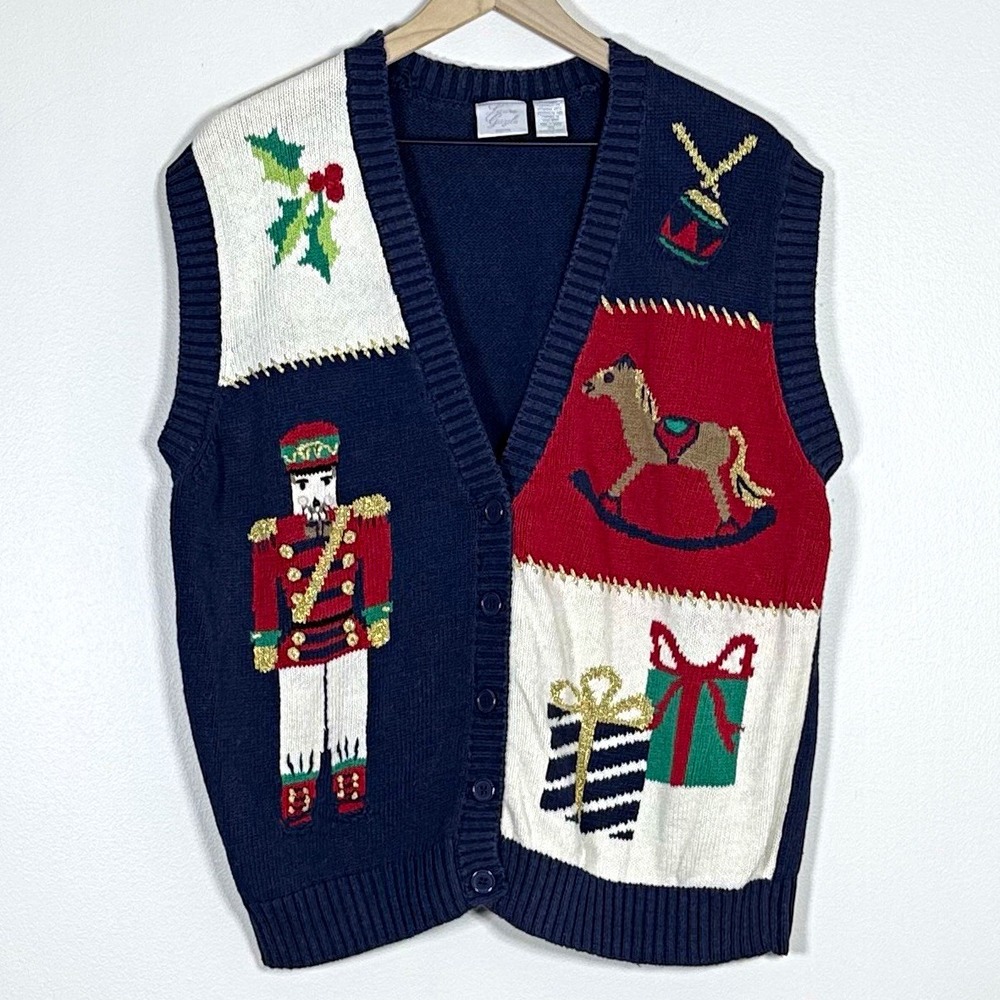 Womens Vintage Patchwork Nutcracker Christmas Sweater Vest Dark Blue Size 2X